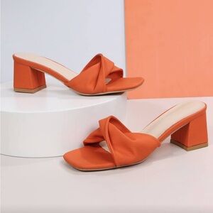 Orange Twist Strap Block Heel Mules | Square Toe Heels Size 6